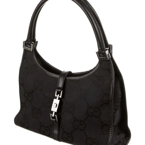 Authentic Gucci GG Jackie Bag Black Canvas Leather Trim Gun Metal Hardware - Picture 2 of 6